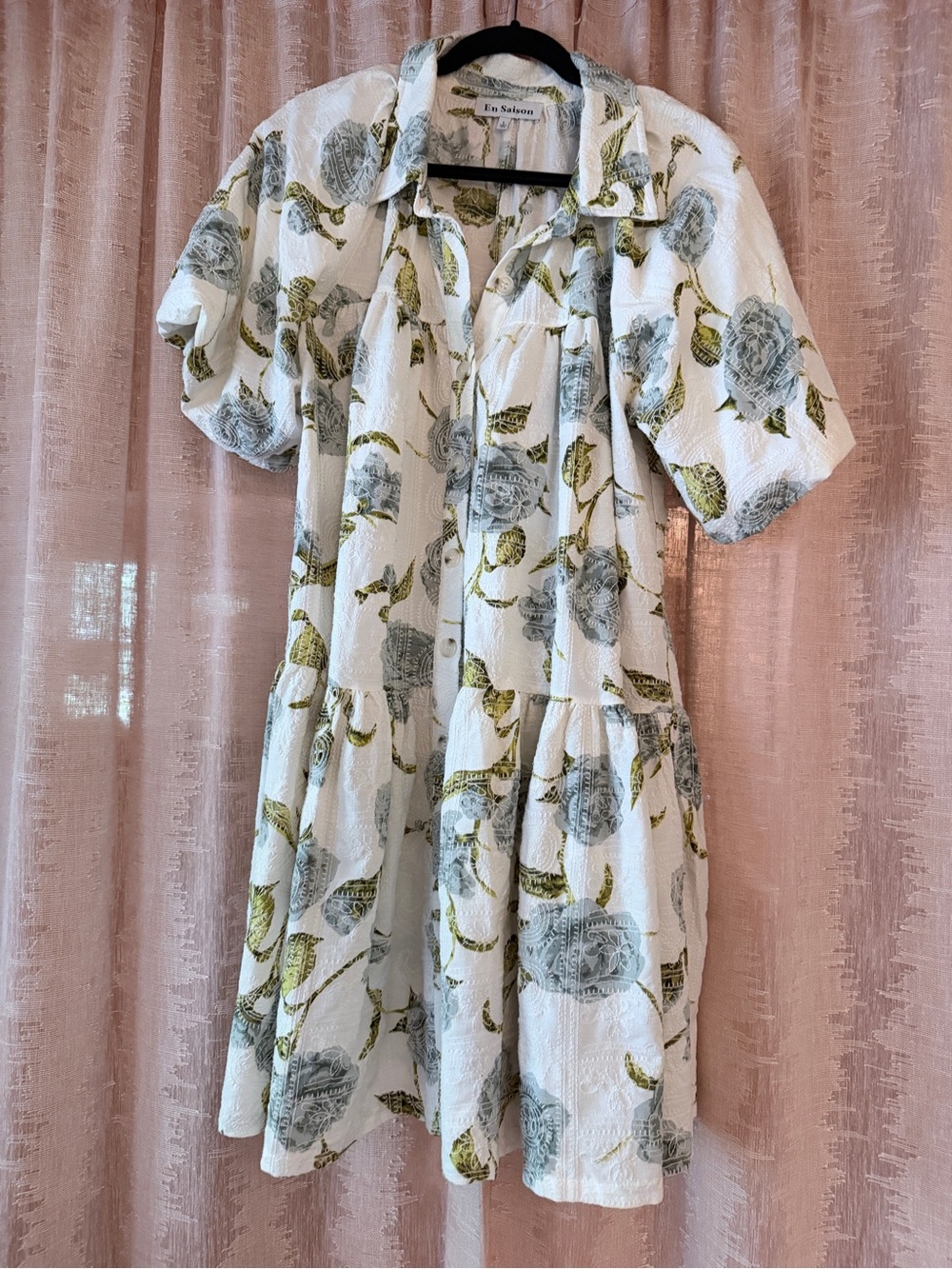 En Saison Jayla Shirt Mini Dress in White Sage Green and Olive Leaf Print Small